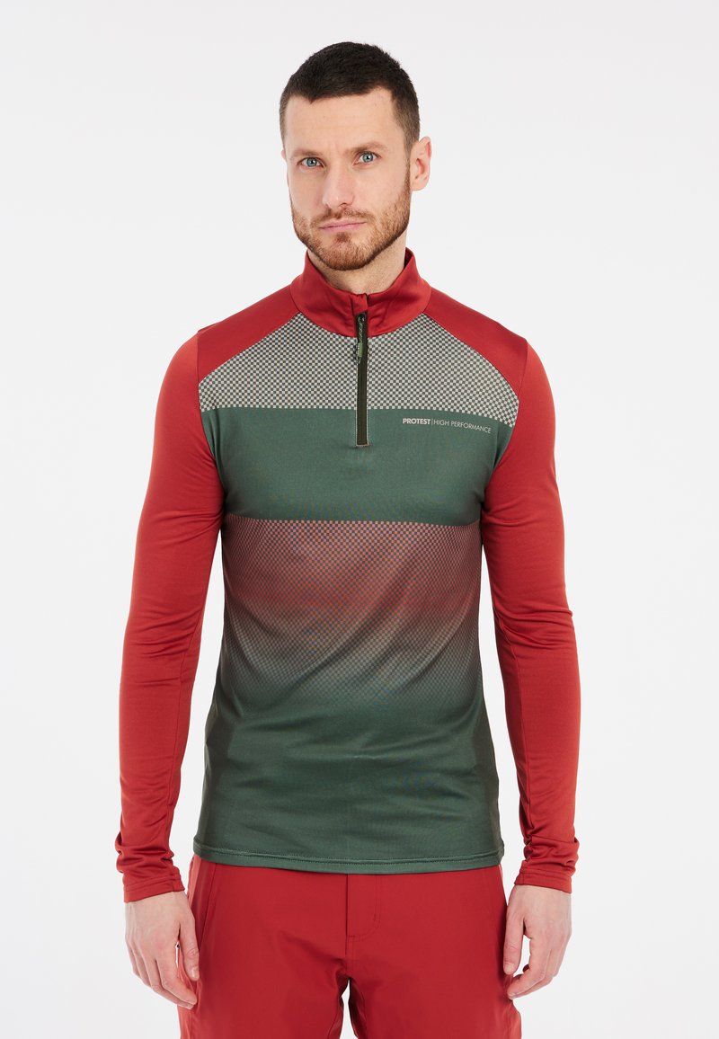 Lange mouw rits-top in groen en rood, met een ruitpatroon op het bovenste deel en een gladde textuur overal.