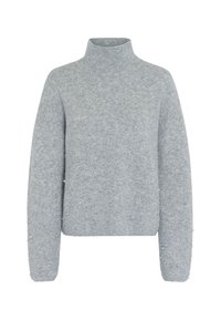 Grauener Rollkragenpullover mit lockerer Passform, aus weichem Material gefertigt; verziert mit dekorativen Perlen an Ärmeln und Körper für zusätzliche Textur.