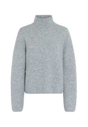 Gray turtleneck sweater with a loose fit, made of soft fabric; adorned with decorative beads on sleeves and body for added texture.
