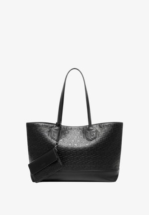 Borsa tote nera con motivo geometrico in rilievo e manici lunghi, con una piccola pochette rettangolare attaccata.