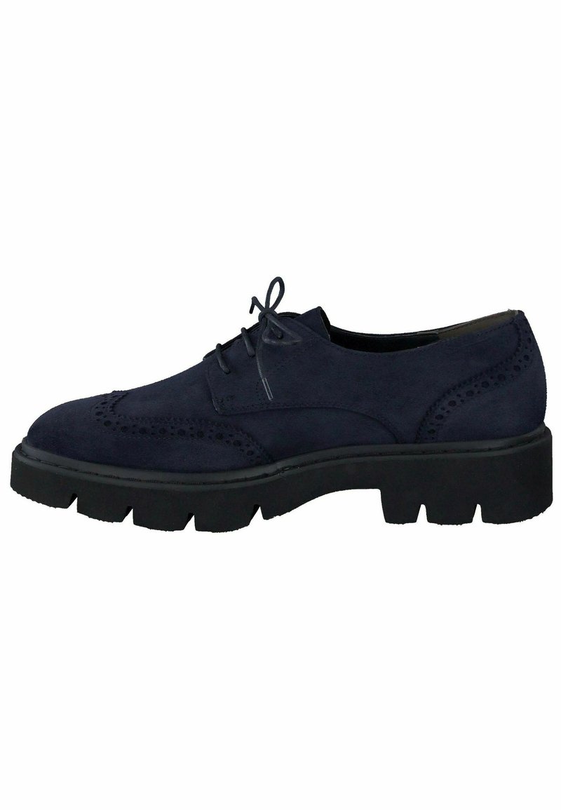 Chaussures à lacets en daim bleu marine avec détails brogue, dotées d'une semelle en caoutchouc noire épaisse. Le design est classique avec une finition texturée.