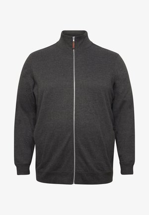 Donkergrijze zip-up sweatshirt van stof met een hoge kraag, een voorkant met rits en geribbelde manchetten. Zachte textuur zonder patronen of accenten.