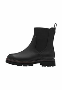 Bottines noires à la cheville avec un corps en cuir texturé et des côtés élastiques. La semelle est épaisse avec des rainures profondes, et une languette est située à l'arrière.