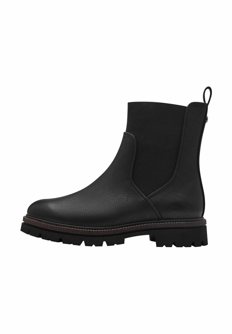 Bottines noires à la cheville avec un corps en cuir texturé et des côtés élastiques. La semelle est épaisse avec des rainures profondes, et une languette est située à l'arrière.