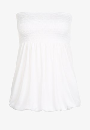 Valge rihmatu esiotsa pluus koos smockitud rindmeosaga ja vabalt voolava alumise osaga. Sile tekstuur, mugav lõige, ilma lisaelementide või musterita.