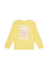 Sudadera amarilla con un diseño floral blanco y gráfico de olas. Texto "ROXY" en negrita blanca en la parte inferior. Fabricada con tejido suave.