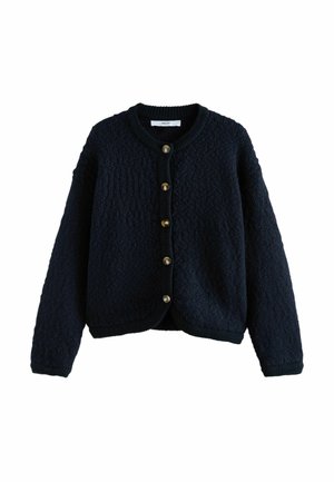 Cardigan tricotat de culoare bleumarin, cu un model texturat, guler rotund și șase butoane aurii pe față. Mâneci lungi, ușor puffate.