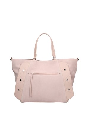 Grand sac cabas rose clair avec doubles poignées, poche zippée à l'avant et panneaux décoratifs cousus avec des clous métalliques sur les côtés.