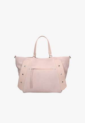 Grand sac cabas rose clair avec doubles poignées, poche zippée à l'avant et panneaux décoratifs cousus avec des clous métalliques sur les côtés.