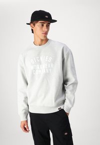 Felpa grigia chiara con la scritta "DICKIES WORKWEAR COMPANY" stampata in bianco, abbinata a pantaloni cargo neri. Presenta polsini e orlo a costine.