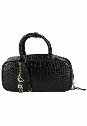 Black crocodile-textured handbag with rounded handles, gold zipper, and attached black braided and chain keychain charms.