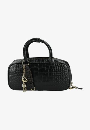 Black crocodile-textured handbag with rounded handles, gold zipper, and attached black braided and chain keychain charms.