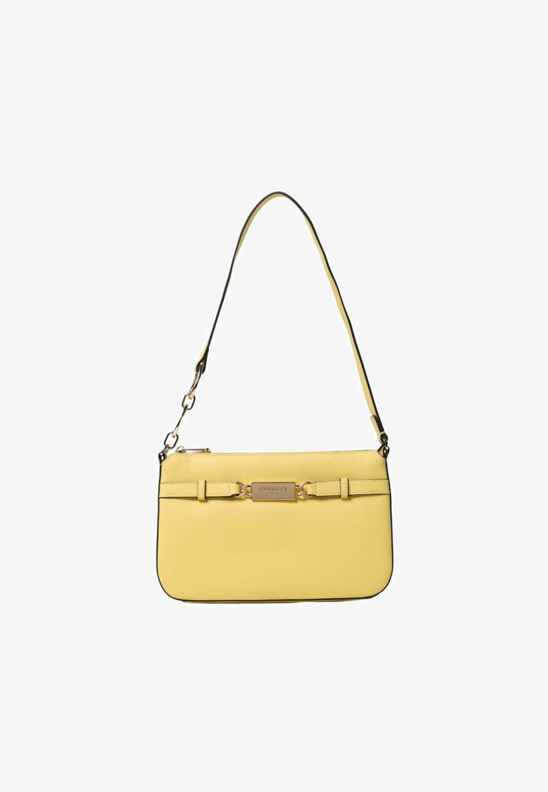 Borsa a tracolla in pelle gialla con una superficie liscia, dotata di un logo in metallo dorato e una singola tracolla. Design minimalista senza motivi.