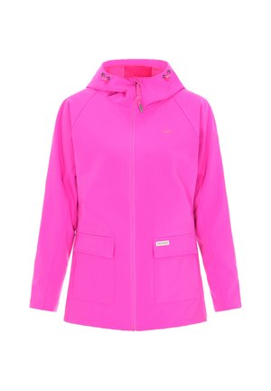 Jachetă impermeabilă roz aprins cu glugă, prevăzută cu închidere cu fermoar, două buzunare frontale și manșete elastice. Textură netedă și croială casual.