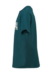 Teal cotton t-shirt with short sleeves, round neckline, and a graphic design featuring surf club theme on the front side.