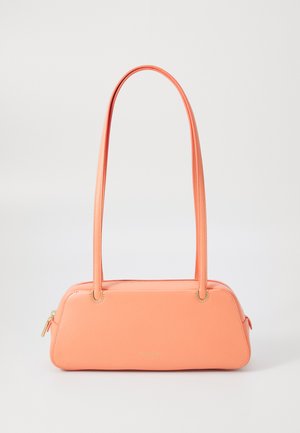 Peach-colored handbag with dual shoulder straps, featuring a rounded rectangular shape, smooth texture, and subtle gold hardware accents.