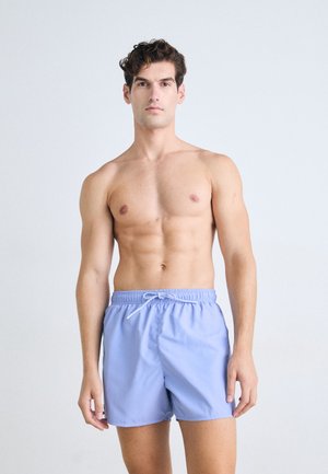 Blaue Badehose mit elastischem Bund und Kordelzug; leichtes Material; glatte Textur; knielanger Schnitt.