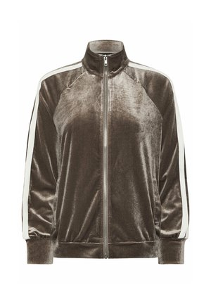 Bruine fluwelen jas met ritssluiting, witte strepen langs de mouwen, elastische manchetten en een opstaande kraag.