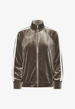 Veste zippée en velours marron avec des bandes blanches le long des manches, des poignets élastiques et un col montant.