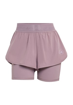 Mauve two-in-one athletic shorts with a wide elastic waistband and fitted inner shorts beneath loose outer layer, logo on lower right side.