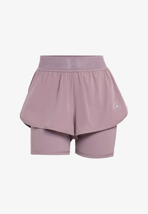Shorts de sport mauve deux-en-un avec une large ceinture élastique et un short intérieur ajusté sous une couche extérieure ample, logo sur le côté inférieur droit.