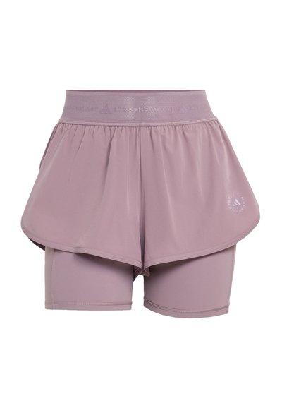 Mauve two-in-one athletic shorts with a wide elastic waistband and fitted inner shorts beneath loose outer layer, logo on lower right side.
