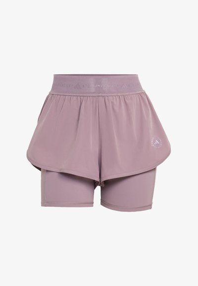 Mauve two-in-one athletic shorts with a wide elastic waistband and fitted inner shorts beneath loose outer layer, logo on lower right side.