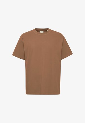 Rjava kratkotrajna majica z kratkimi rokavi iz mehkega bombaža, s klasičnim okroglim izrezom in sproščenim krojem, brez vidnih vzorcev ali okraskov.