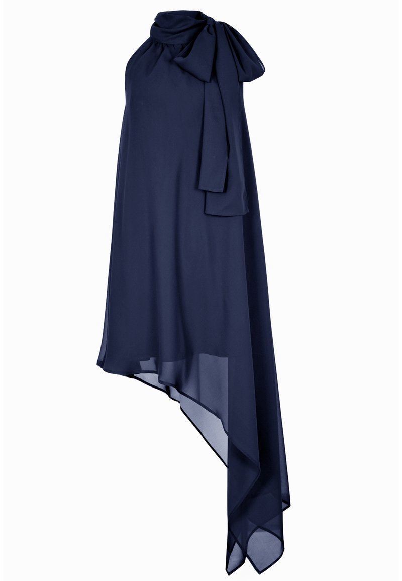 Granatowa asymetryczna sukienka zChiffon z dekoltem halter oraz dużą kokardą na ramieniu, charakteryzująca się lekką i zwiewną fakturą.