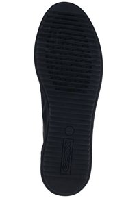 Suela de goma negra con una superficie texturizada que presenta ranuras horizontales y pequeñas perforaciones. Logo "GEOX" grabado en el lateral.