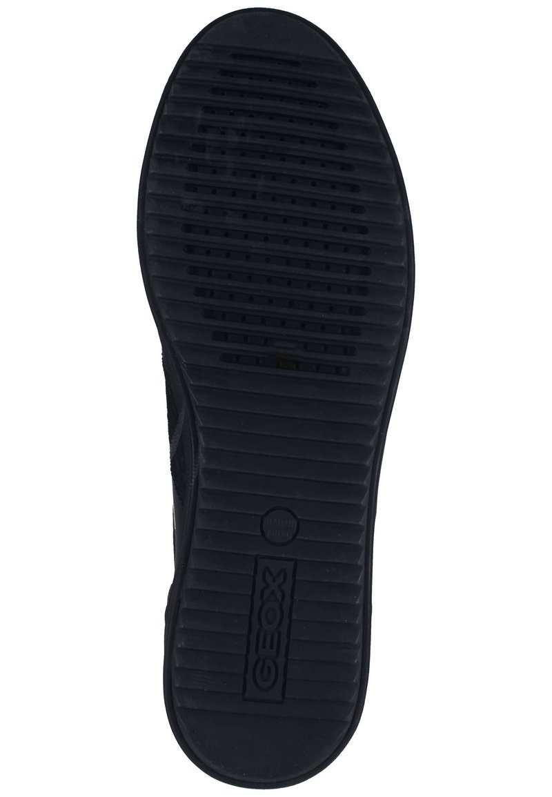 Suela de goma negra con una superficie texturizada que presenta ranuras horizontales y pequeñas perforaciones. Logo "GEOX" grabado en el lateral.