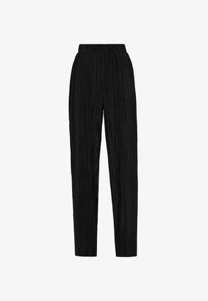 Sorte plisserede bukser med elastisk talje, der har et lige ben design og en glat tekstur, som tilbyder en afslappet pasform.