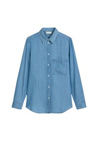 Jasnoniebieska koszula dżinsowa z długimi rękawami, spiczastym kołnierzykiem, zapięciem na guziki z przodu i kieszonką na piersi. Miękka tekstura i luźny krój.