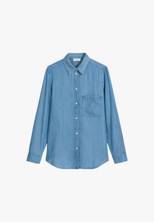 Light blue denim shirt with long sleeves, a pointed collar, button front, and a chest pocket. Soft texture and a relaxed fit.