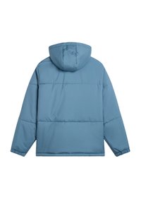 Padded jacket in light blue with a hood. Features a rectangular shape, visible stitching, and elastic cuffs. Smooth, matte texture.