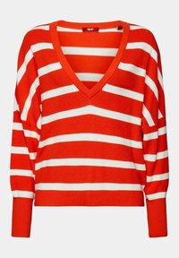 Rot-weiß gestreifter Strickpullover mit V-Ausschnitt, lockerer Passform und gerippten Bündchen, ausgestattet mit horizontalen Streifen und einer weichen Textur.