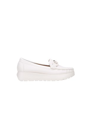 White leather loafers with a round toe, textured upper, and decorative hardware detail. Midsole features a thick, cushioned white sole.