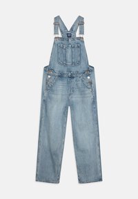 Lys blå denim overaller med justerbare stropper, frontlommer og metallbeslag. Løs passform med rette ben og falmet tekstur.