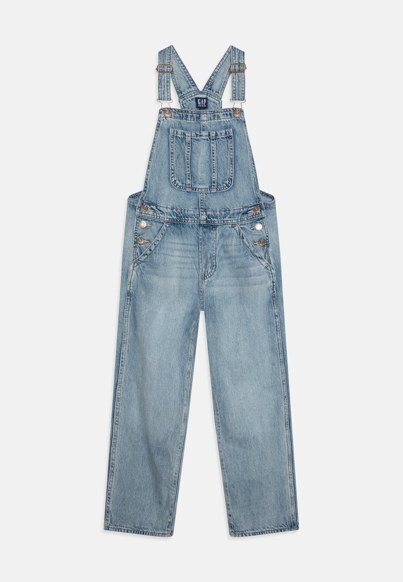 Lys blå denim overaller med justerbare stropper, frontlommer og metallbeslag. Løs passform med rette ben og falmet tekstur.