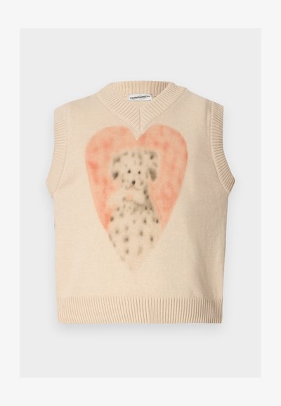 Beige sleeveless sweater with a V-neck, featuring a heart pattern in pink and a dalmatian design in the center. Ribbed hem and armholes.