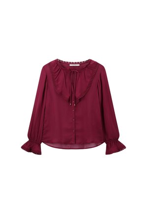 Bordeaux langemouw blouse van lichtgewicht stof heeft een ruffles-kraag, knoopsluiting aan de voorkant en decoratieve rand op de mouwen.