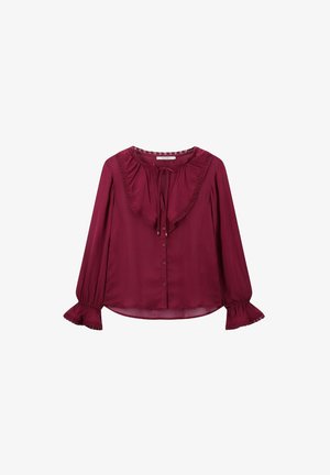 Burgunderfarbene Bluse mit langen Ärmeln aus leichtem Stoff, ausgestattet mit einem Rüschensaum, einer Knopfleiste und dekorativen Besätzen an den Ärmeln.