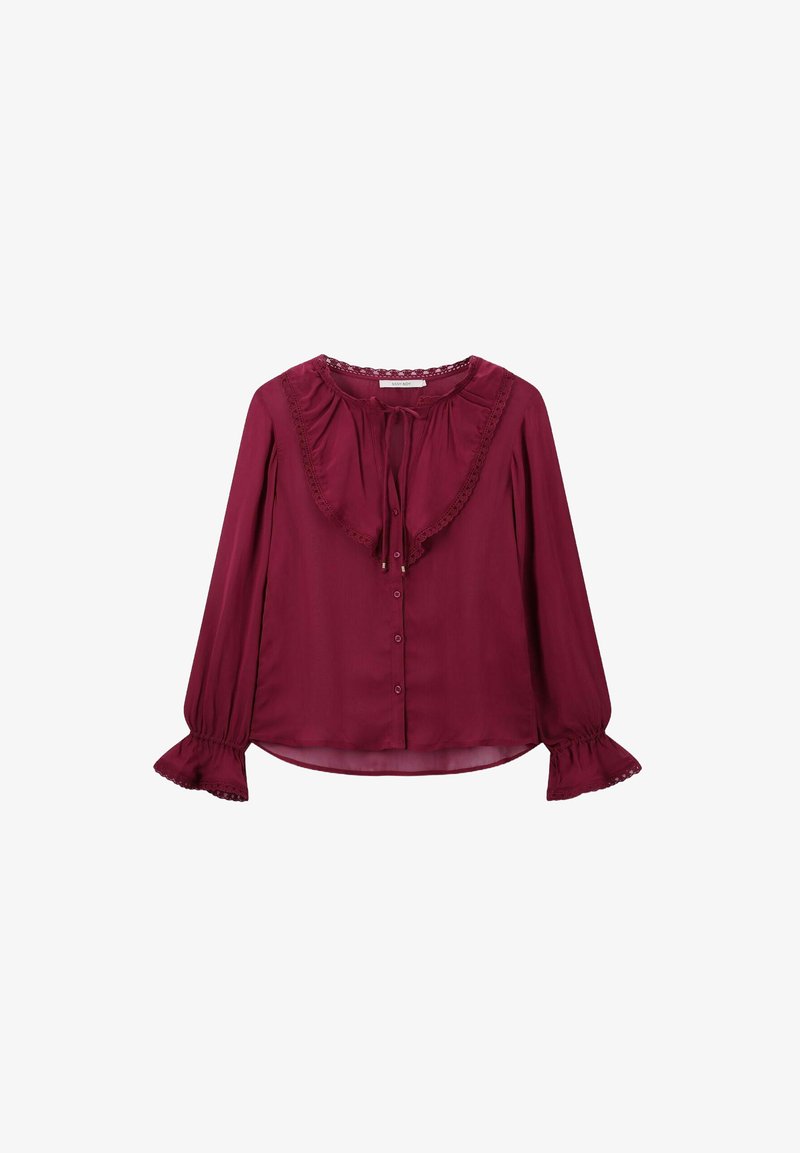 Bordeaux langemouw blouse van lichtgewicht stof heeft een ruffles-kraag, knoopsluiting aan de voorkant en decoratieve rand op de mouwen.
