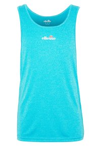 Canotta turchese senza maniche realizzata in tessuto leggero, con scollo rotondo e sottile texture melange; logo stampato in bianco.