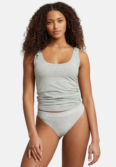 Gray tank top and matching bikini with a subtle logo on the waistband. Soft, fitted material with a smooth texture and casual design.