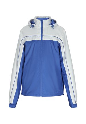 Blaue und weiße Windbreaker-Jacke mit Kapuze, ausgestattet mit einem durchgehenden Reißverschluss, elastischen Bündchen und Kontrastnähten. Leicht und mit glatter Textur.