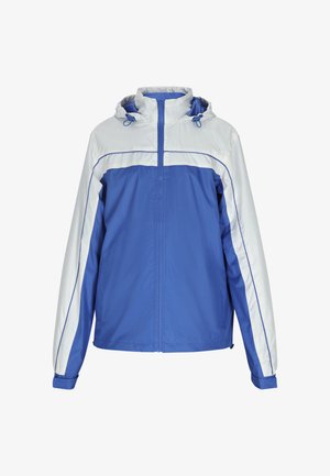 Kék és fehér széldzseki kapucnival, teljes hosszúságú cipzárral, rugalmas mandzsettákkal és kontrasztos varratokkal. Könnyű, sima textúrájú.