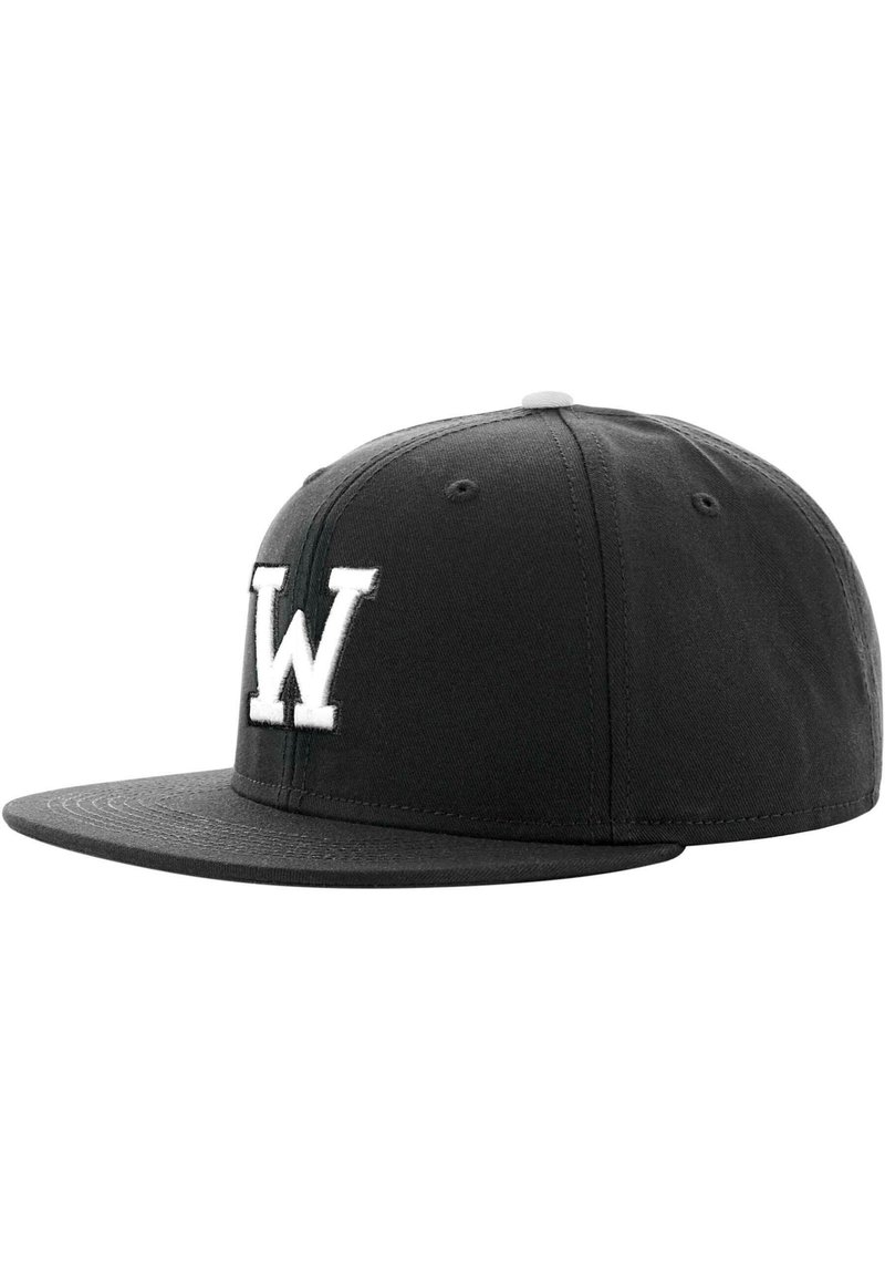 Black fitted cap with a flat brim, featuring a white embroidered "W" logo on the front. Made from fabric with a smooth texture.