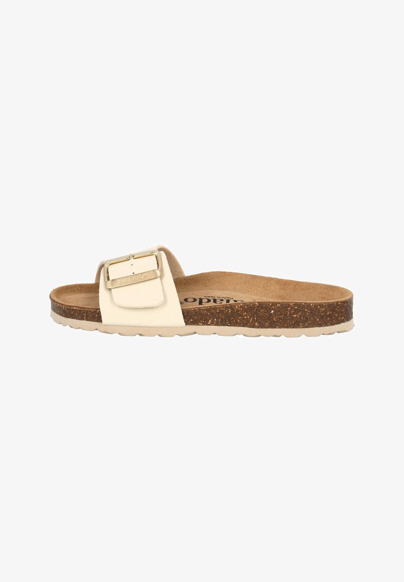 Lys beige slidesandal med en bred rem, guldfarvet spænde og struktureret kork-sål. Har en fleksibel gummisål.