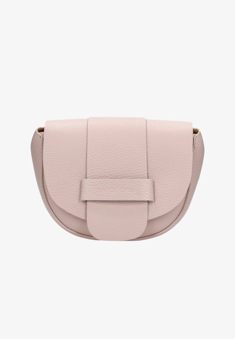 Rosa Lederhandtasche mit runder Form, ausgestattet mit einem Vorderklappenverschluss und einem zentralen Riemenverschluss. Glatte Textur mit dezenten Strukturdetails.